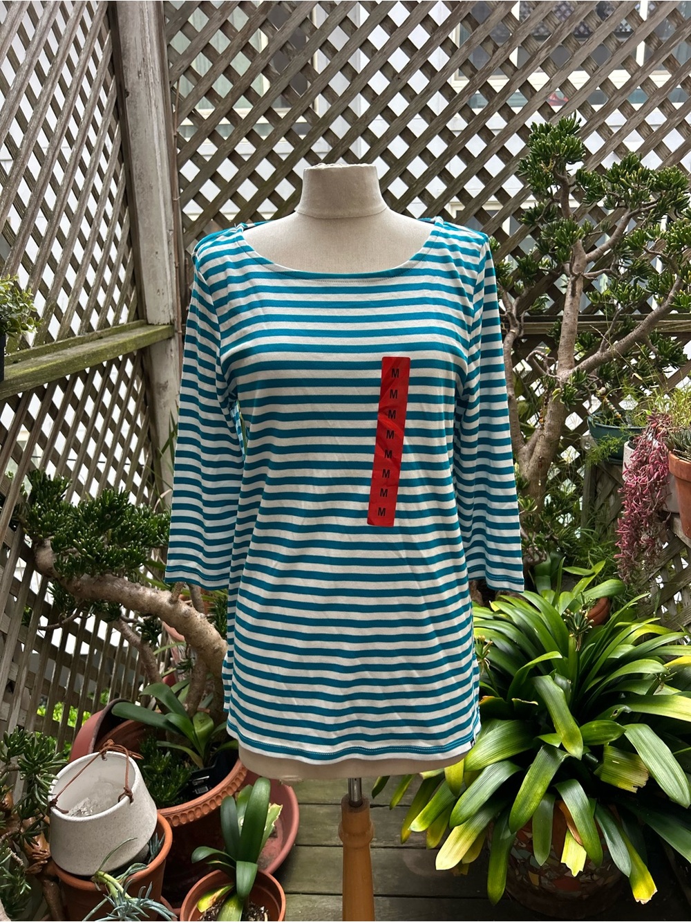 Lands' End Teal & White Striped Boatneck Long Sleeve Top